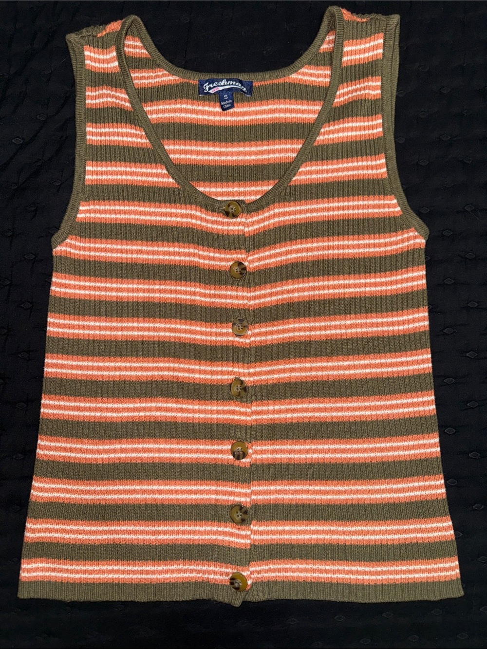 Freshman  Olive and Coral Striped Ribbed Button Tank